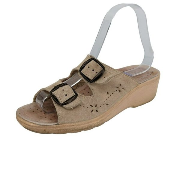 Fly Flot Slides 37 5.5 Tan Leather Two Strap Buckle Open Toe Italy Made Comfort - Picture 14 of 14